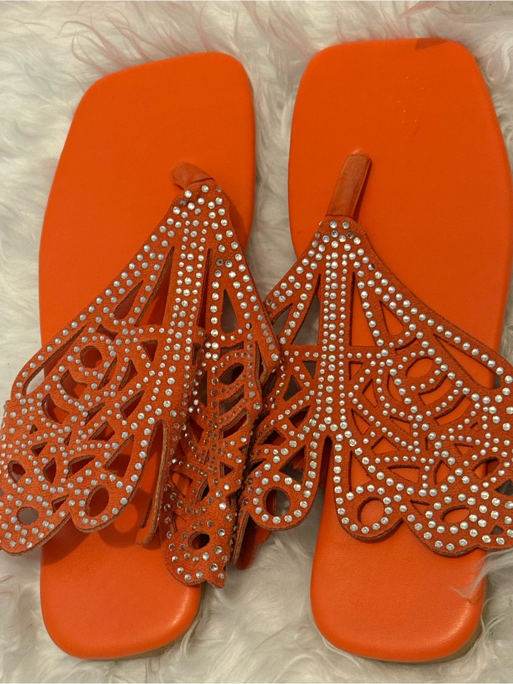 Women's Orange Rhinestone Cutout Thong Sandals